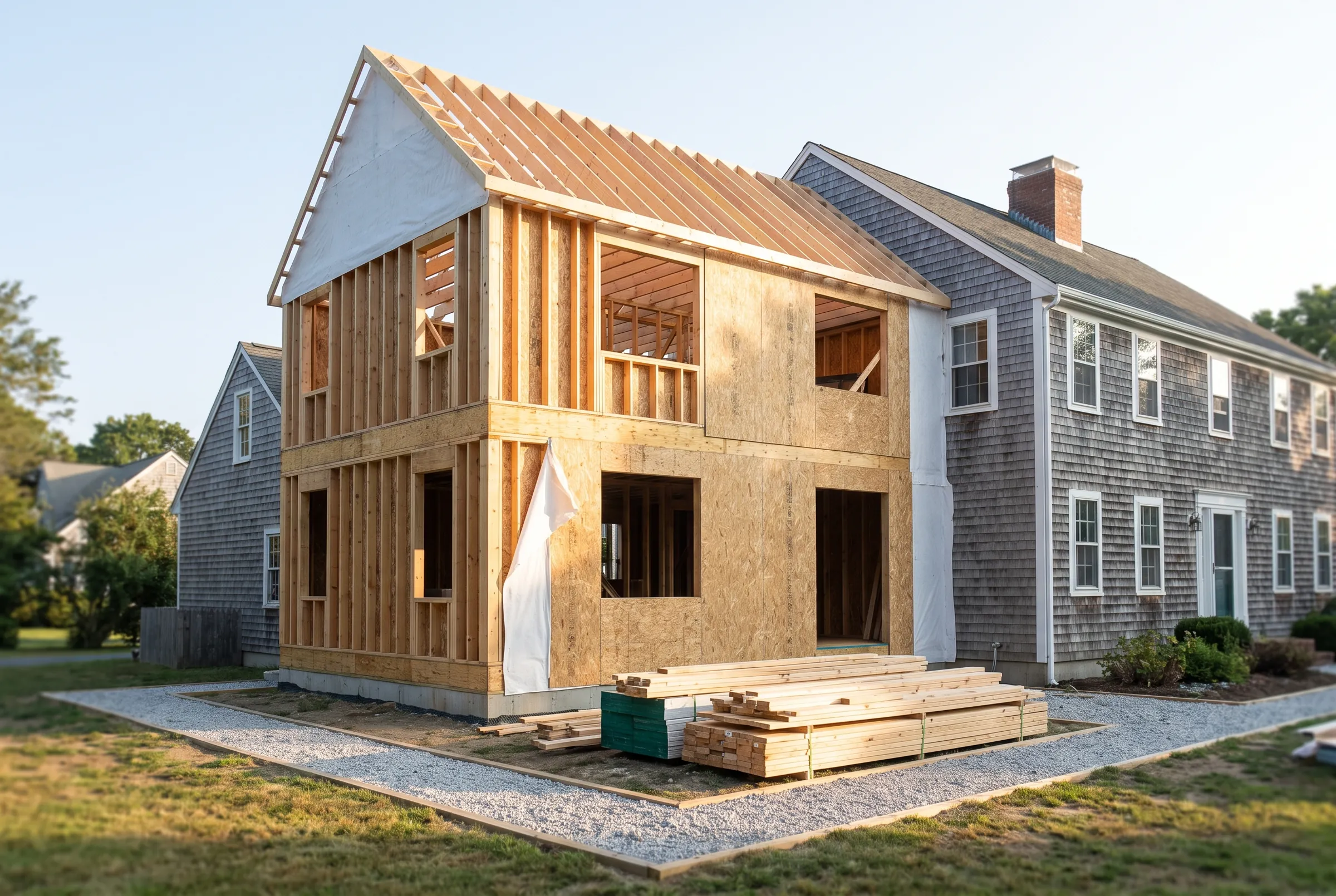 A two-story addition framed and sheathed beside a grey-shingled colonial, lumber stacked on the gravel, low sun
