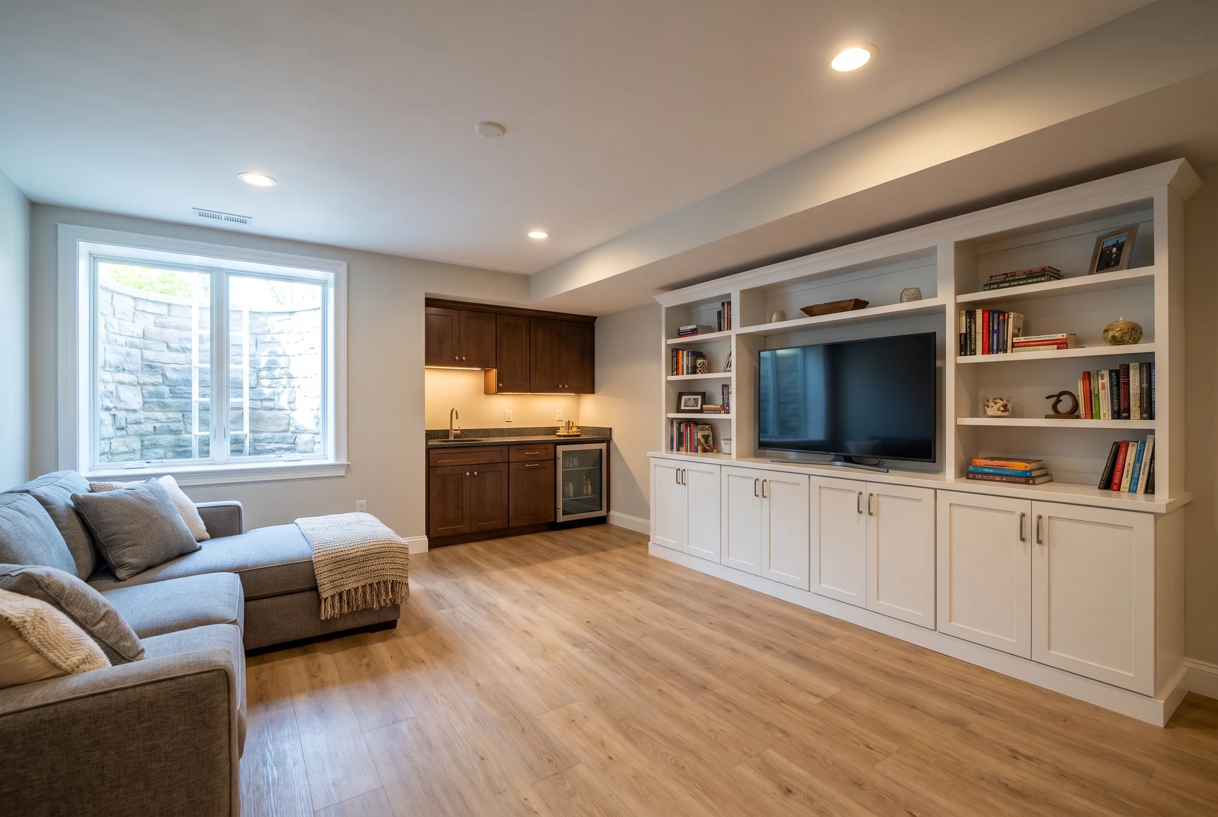 Finished basement with a built-in media wall, an egress window and a small bar