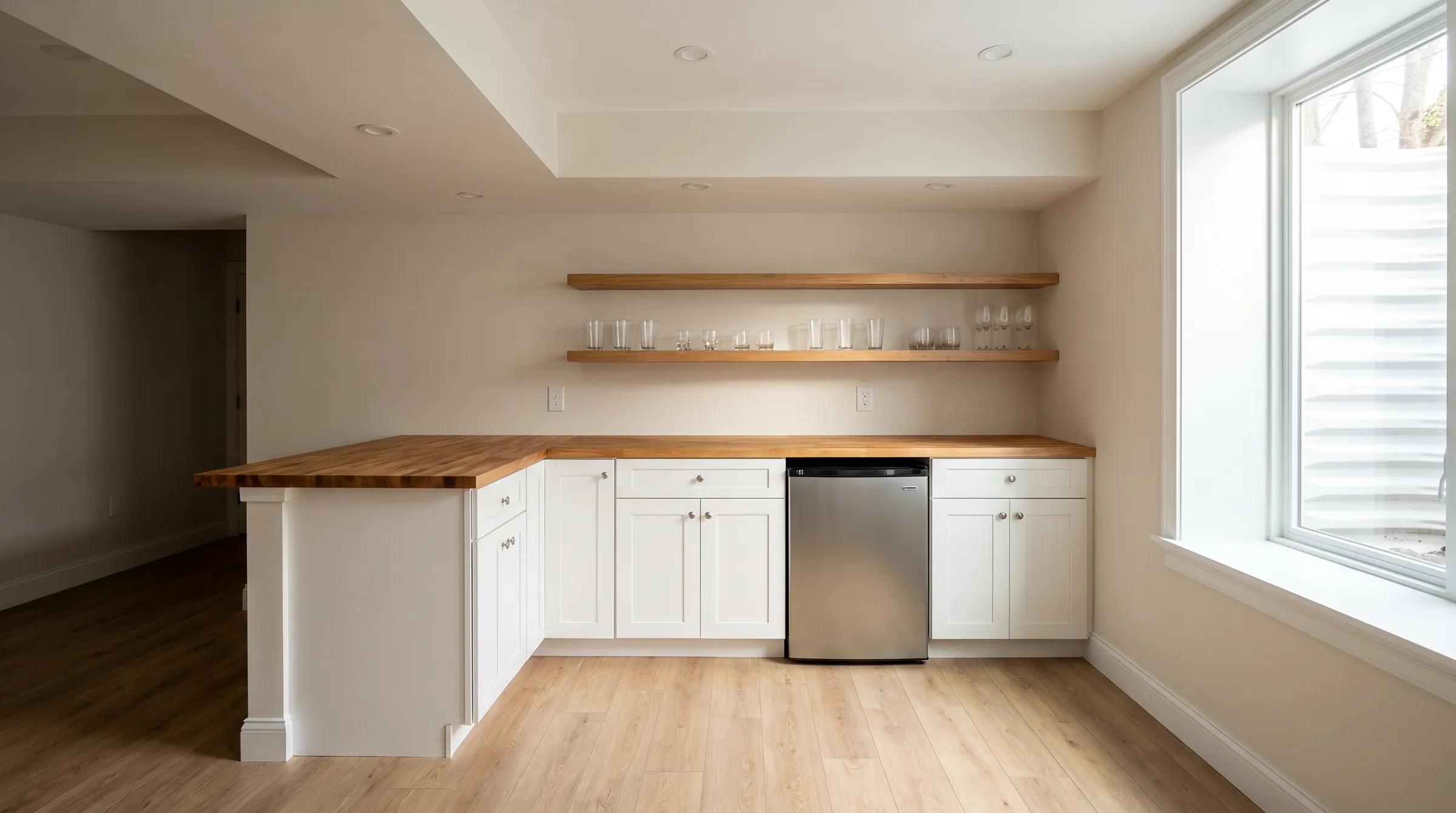 A finished basement with a bar counter, open shelves and a large window well