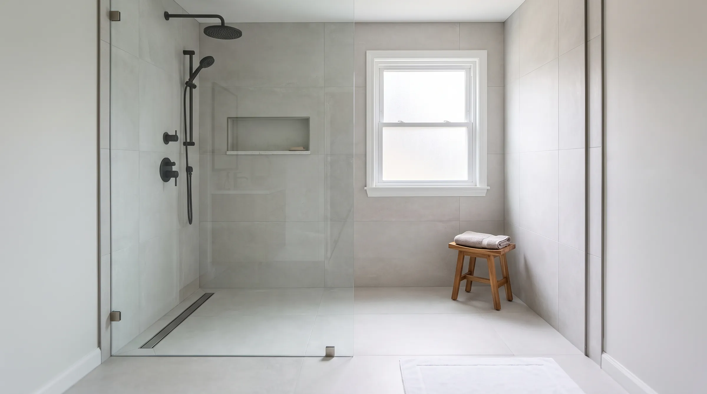 A curbless shower with a linear drain, the bathroom floor running level into the shower