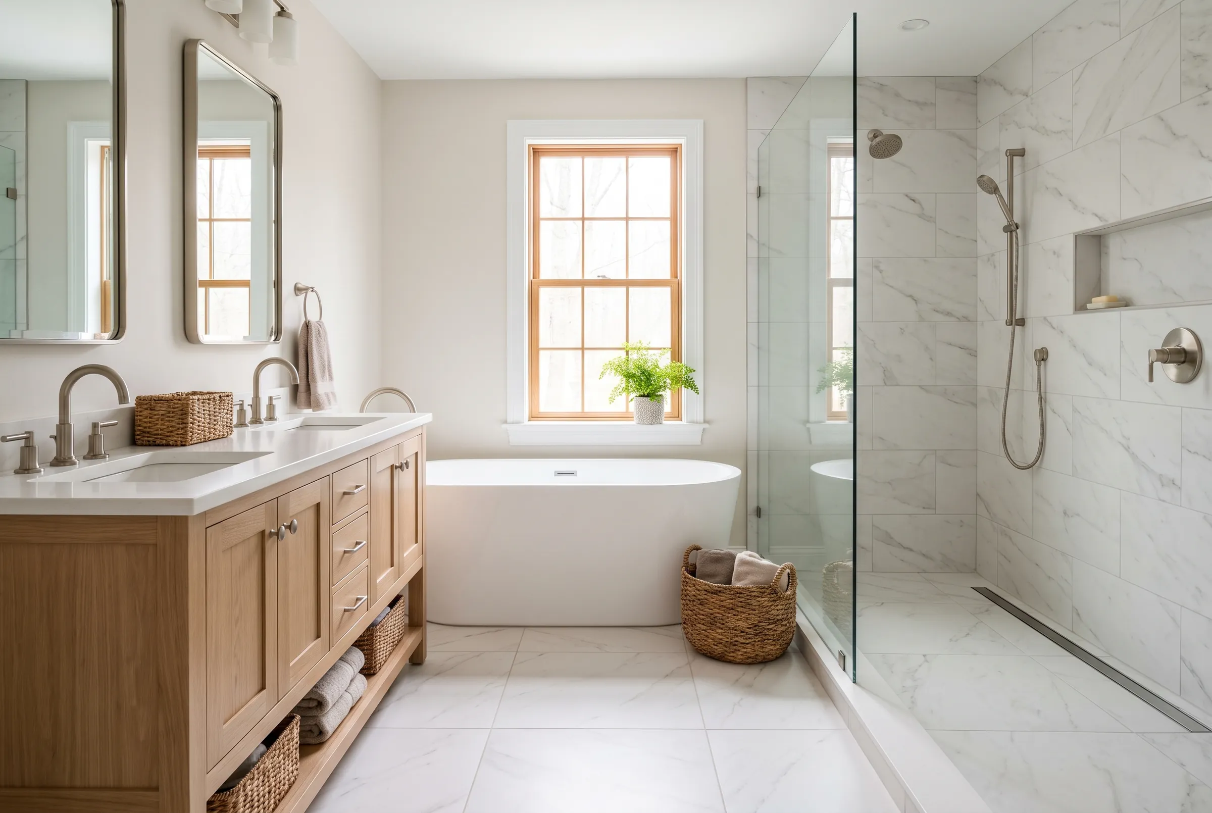 Primary bathroom with a walk-in glass shower, a freestanding tub under a window and a white oak vanity