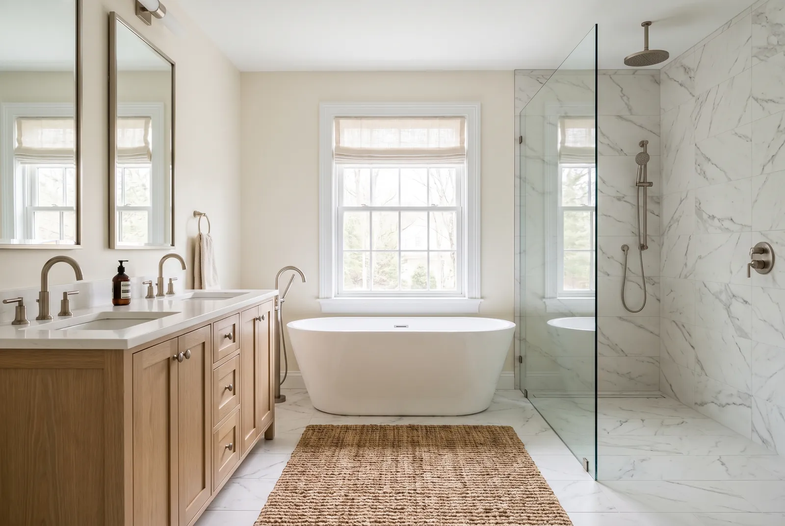 A primary bathroom with a glass shower, a freestanding tub and a jute rug