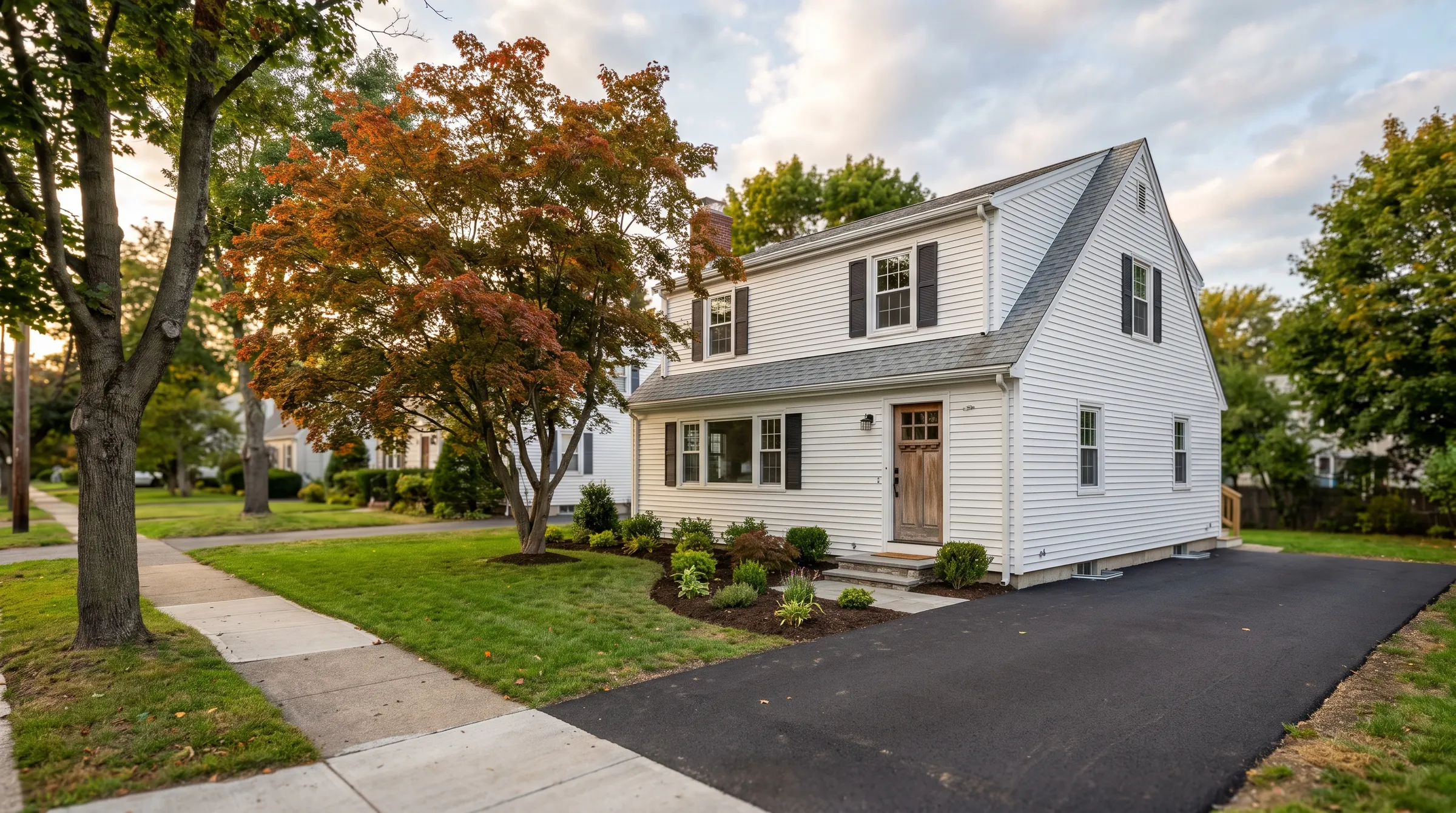 A white Cape Cod house with a new full second story and black shutters, a maple turning orange beside it