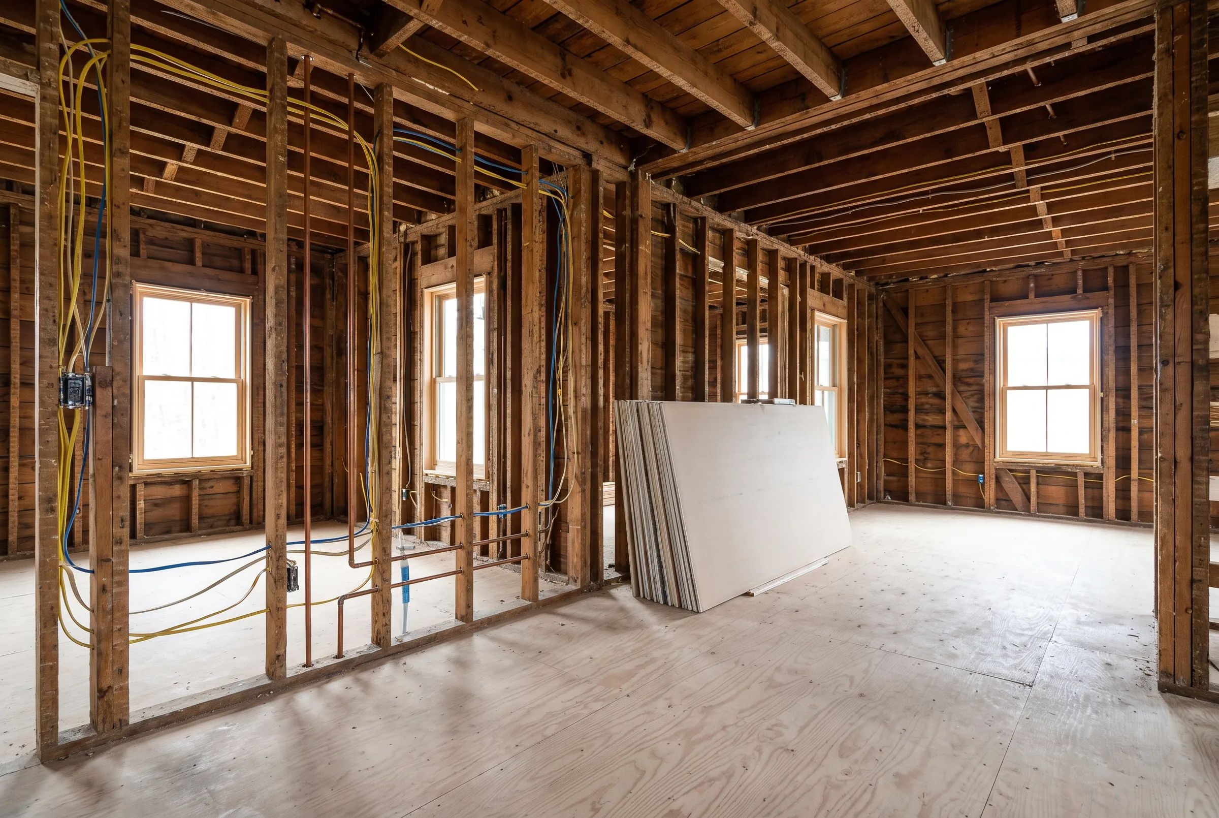 An older house opened to the studs during a gut renovation, with new wiring run