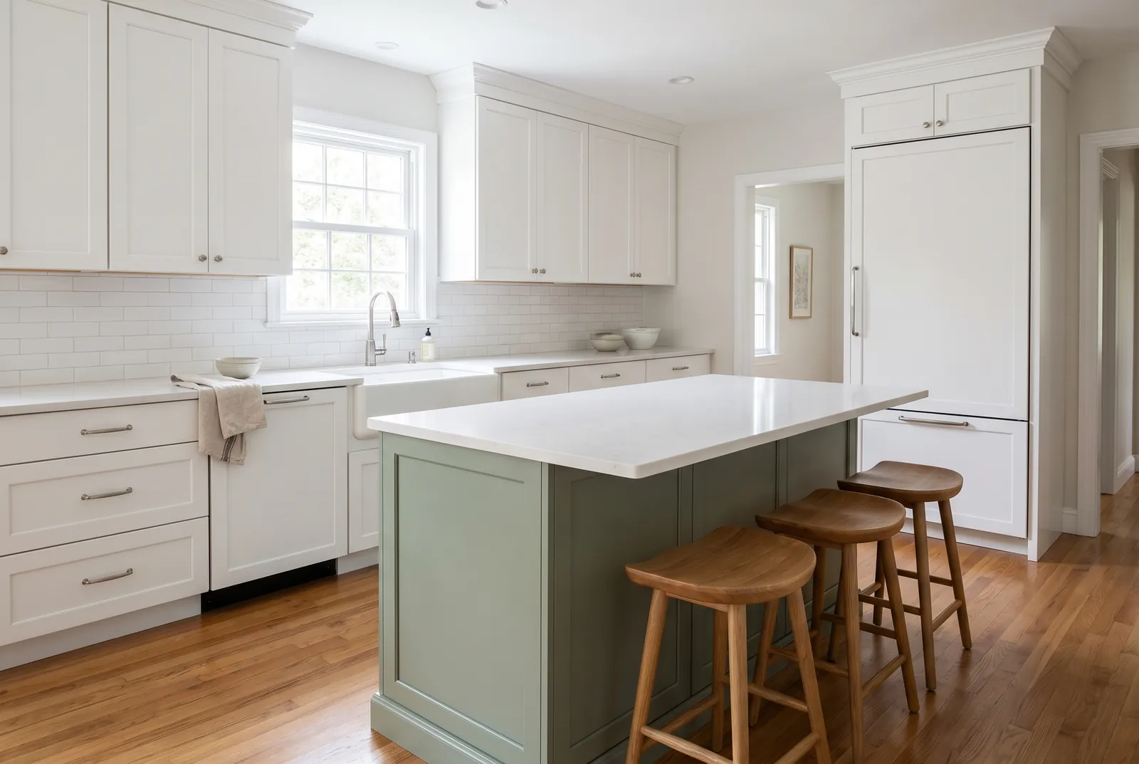 A white shaker kitchen with a sage-green island and wooden stools