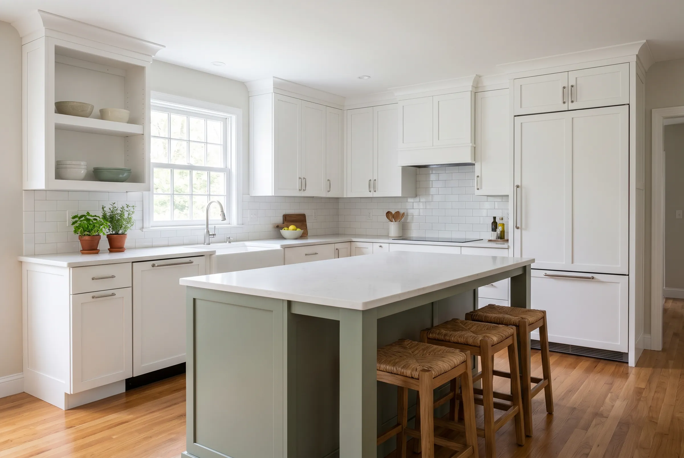 A white kitchen with open shelves, a sage-green island and oak floors