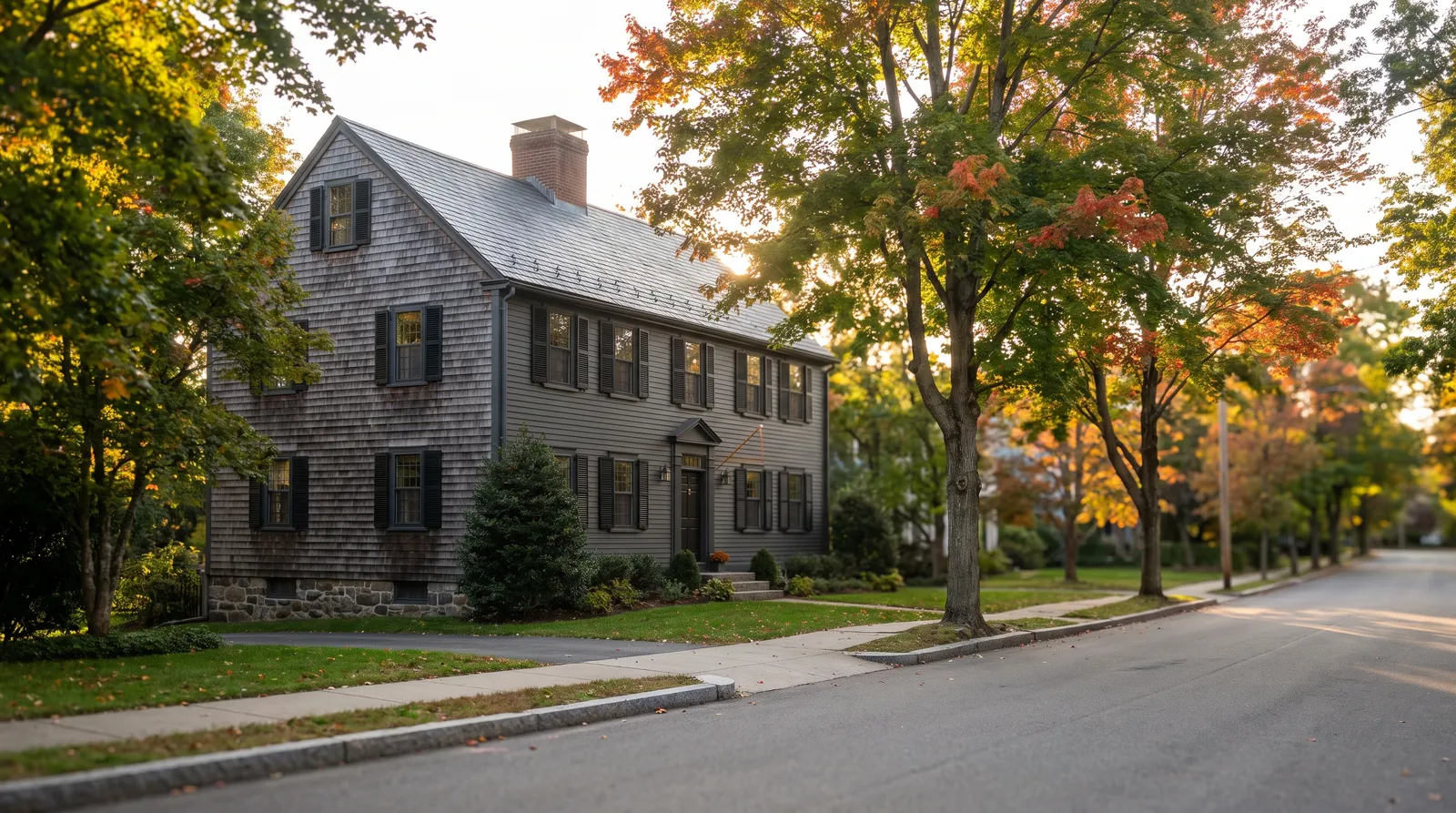 An older shingled colonial on a tree-lined street