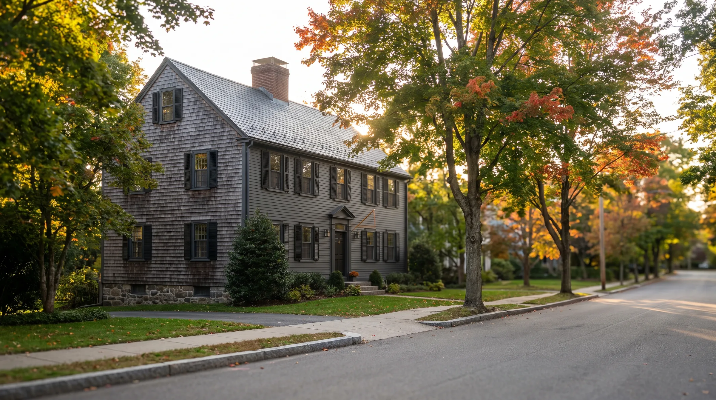 A tree-lined older street with a shingled colonial in autumn light