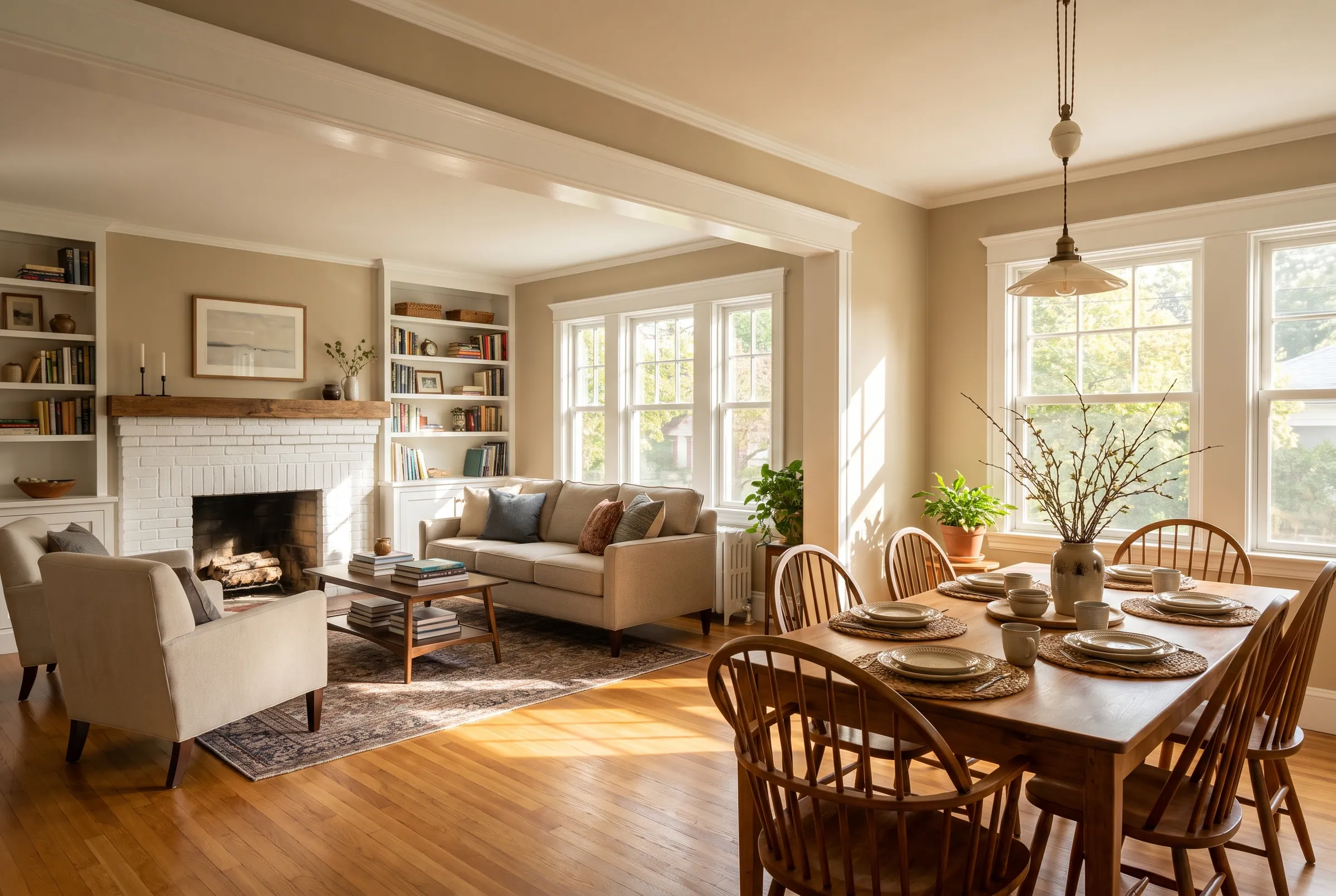 A renovated living and dining room in an older colonial, with a cased opening and a fireplace